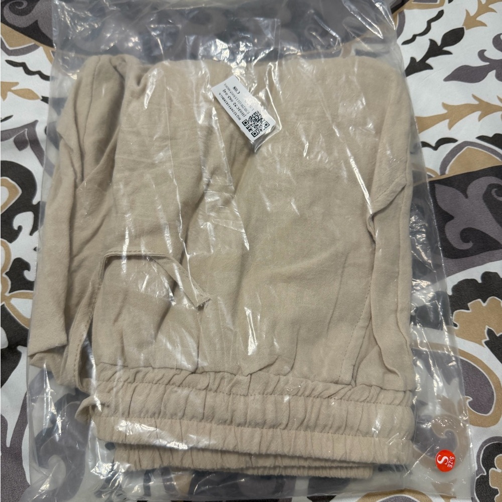 Womens Beige Drawstring Linen-Blend Pants - Picture 3 of 3